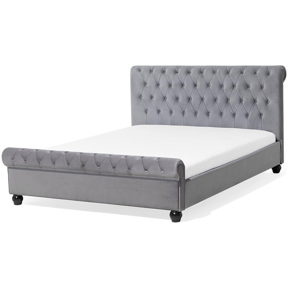 Letto Matrimoniale In Tessuto Grigio Chiaro In Stile Chesterfield 140x200 Cm Avallon - Foto 1