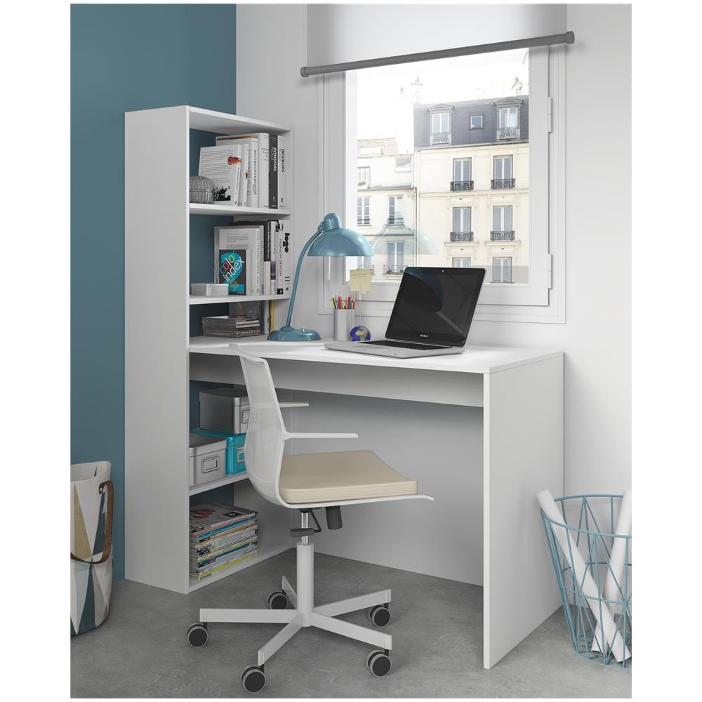 Scrivania Reversibile Con Libreria A Cinque Ripiani, Colore Bianco, Cm 120 X 144 X 53. - Foto 1
