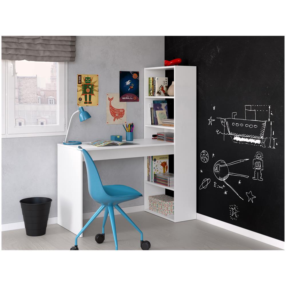 Scrivania Reversibile Con Libreria A Cinque Ripiani, Colore Bianco, Cm 120 X 144 X 53. - Foto 2