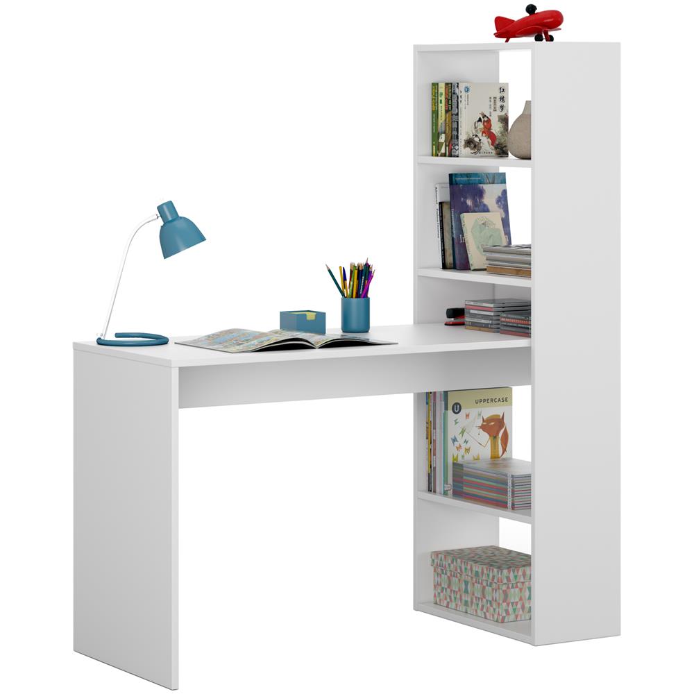 Scrivania Reversibile Con Libreria A Cinque Ripiani, Colore Bianco, Cm 120 X 144 X 53. - Foto 3