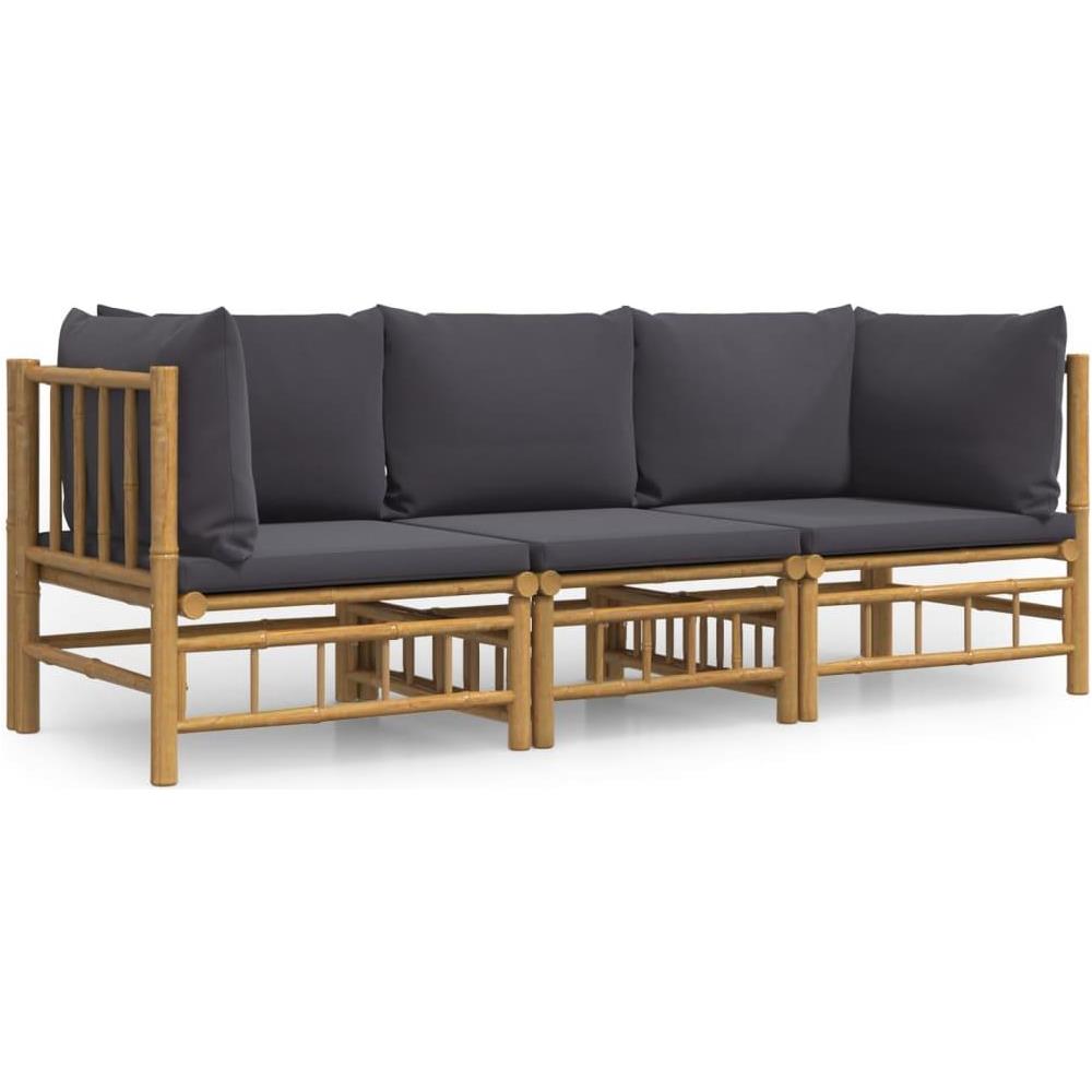 Set Salotto da Giardino 3pz con Cuscini Grigio Scuro Bambù - Foto 1