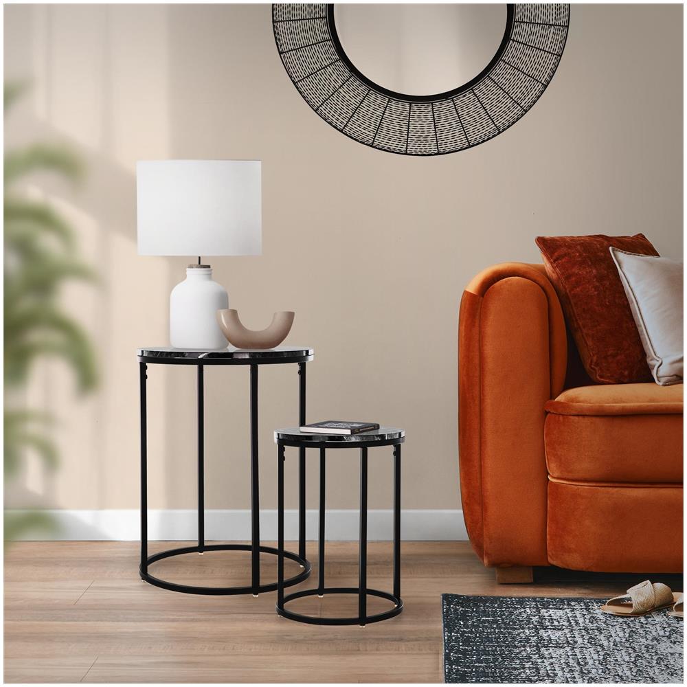 Set Di 2 Tavolini Da Caffè Rotondi 30 X 40,5 / 40 X 50,5 Cm Neri Struttura In Metallo / Piano Effetto Marmo Nero Tavoli Bassi D'appoggio Da Salotto Soggiorno Lounge Divano Design Moderno - Foto 2