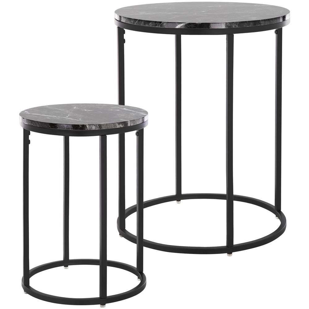 Set Di 2 Tavolini Da Caffè Rotondi 30 X 40,5 / 40 X 50,5 Cm Neri Struttura In Metallo / Piano Effetto Marmo Nero Tavoli Bassi D'appoggio Da Salotto Soggiorno Lounge Divano Design Moderno - Foto 1