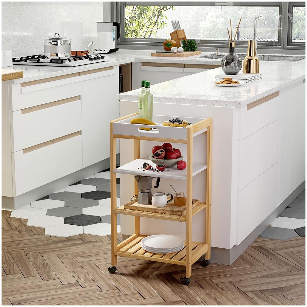 Carrello da Cucina a 4 Livelli in MDF e Legno di Pino con 4 Ruote Girevoli, 40x30x76 cm, Bianco e Marrone - Foto 2