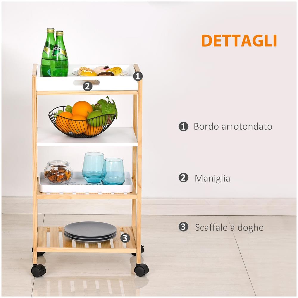 Carrello da Cucina a 4 Livelli in MDF e Legno di Pino con 4 Ruote Girevoli, 40x30x76 cm, Bianco e Marrone - Foto 6