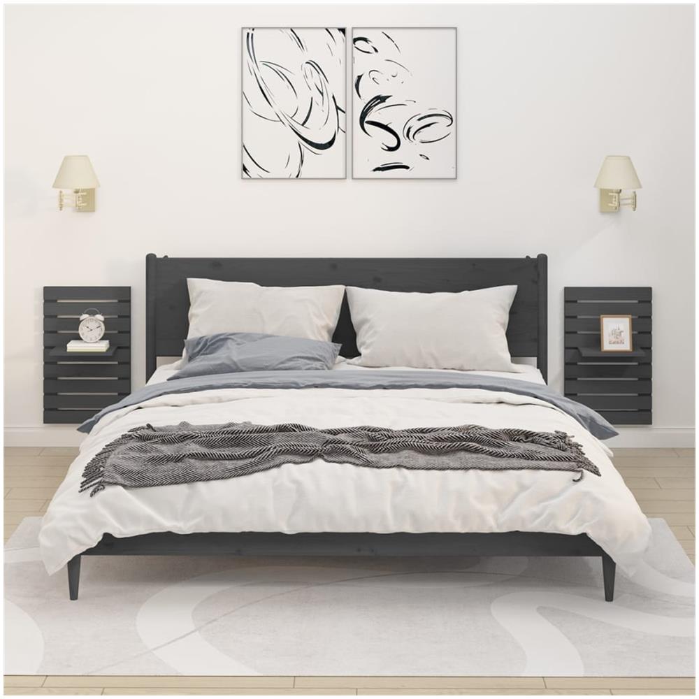 Mensole Da Letto A Parete 2 Pz Grigio Legno Massello Di Pino - Foto 1