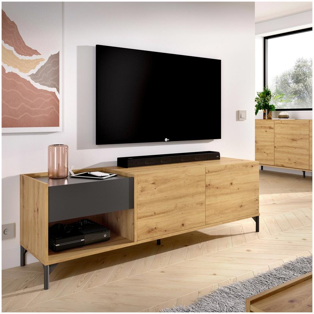 Mobile Porta Tv Cengalo, Credenza Bassa Da Soggiorno, Madia Da Salotto Per Televisione, 164x39h49 Cm, Rovere Nodi E Antracite - Foto 1