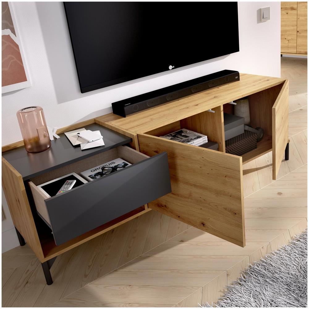 Mobile Porta Tv Cengalo, Credenza Bassa Da Soggiorno, Madia Da Salotto Per Televisione, 164x39h49 Cm, Rovere Nodi E Antracite - Foto 4