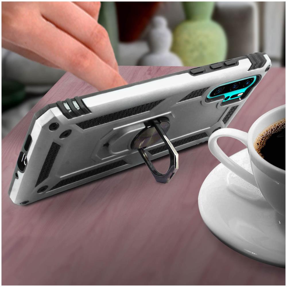 Cover Huawei P30 Pro Bi-materia Rigida Morbida Anello Magnetico Stand Argento - Foto 2