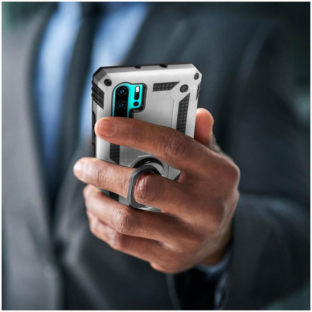 Cover Huawei P30 Pro Bi-materia Rigida Morbida Anello Magnetico Stand Argento - Foto 6