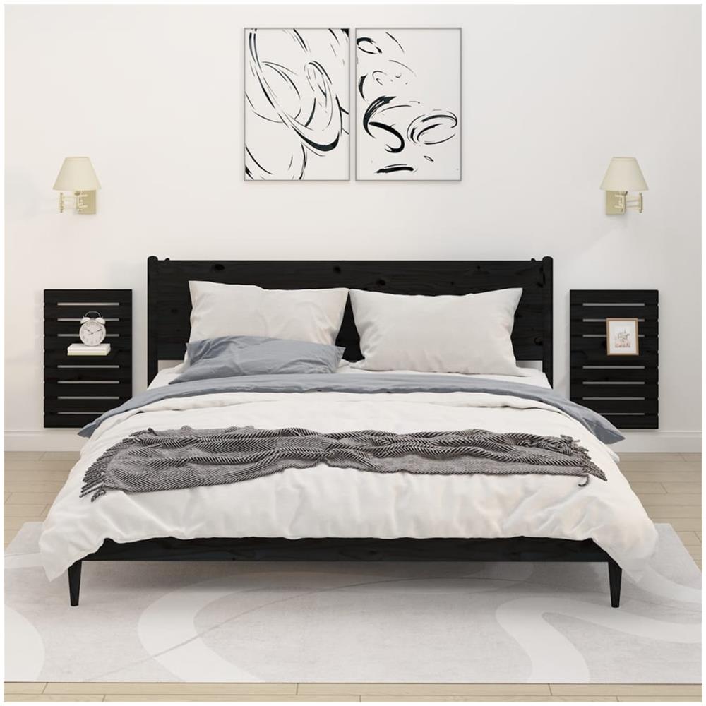 Mensole Da Letto A Parete 2 Pz Nero Legno Massello Di Pino - Foto 1