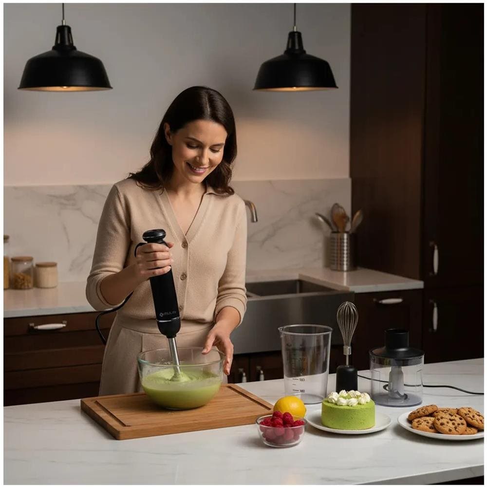 Mixer a Immersione 600W - Set 4 in 1 con Tritatutto, Frusta e Bicchiere - Nero - Foto 3