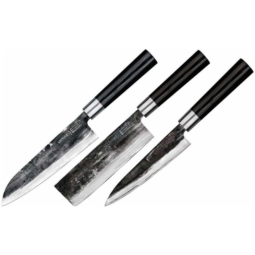 Super 5 Damasco Professionale Japanese Kitchen Knife Set Di 3: Nakiri, Utility, Santoku. Micarta. Durezza 60 Hrc - Foto 1