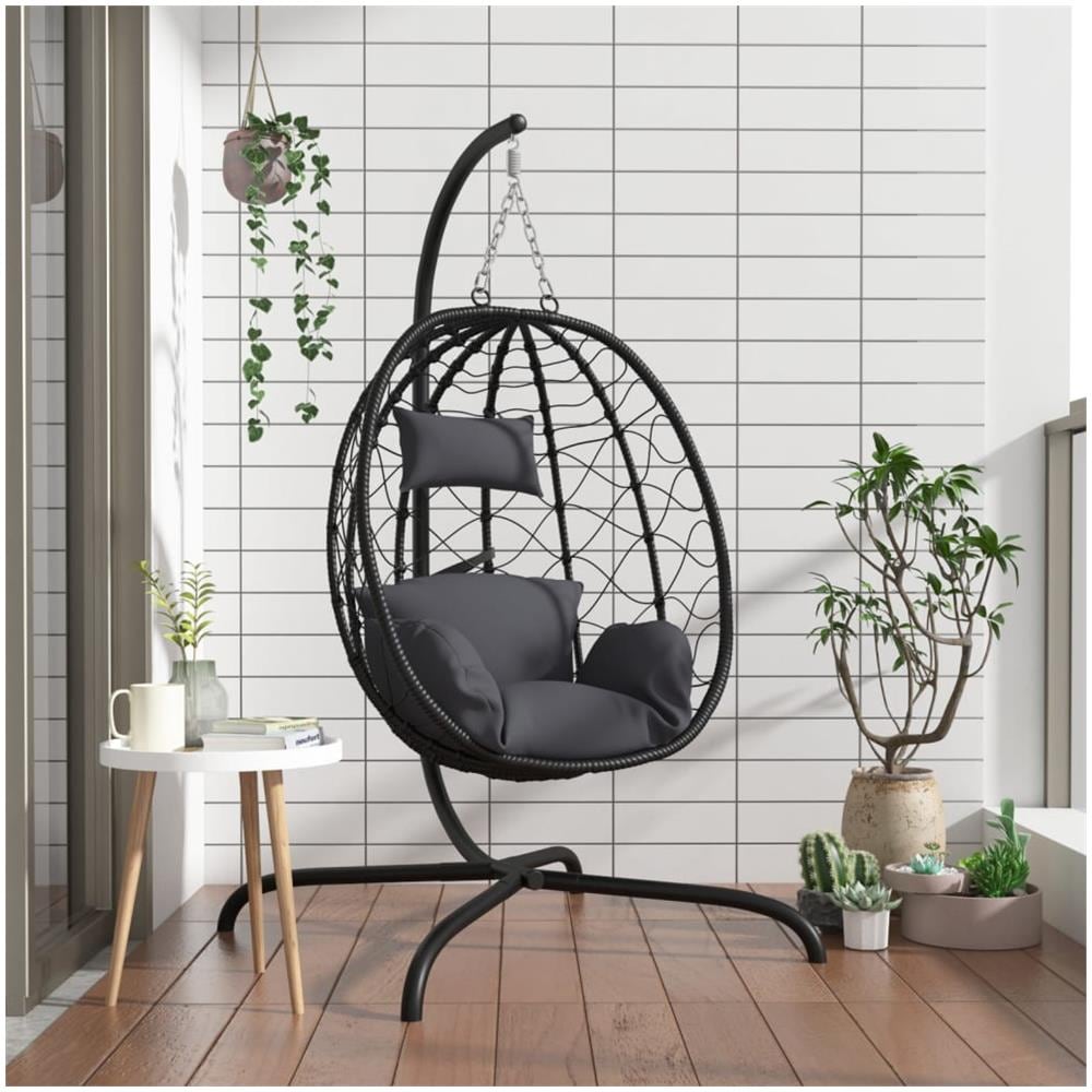 Sedia A Uovo Sospesa Con Cuscino Antracite Polyrattan E Acciaio - Foto 1