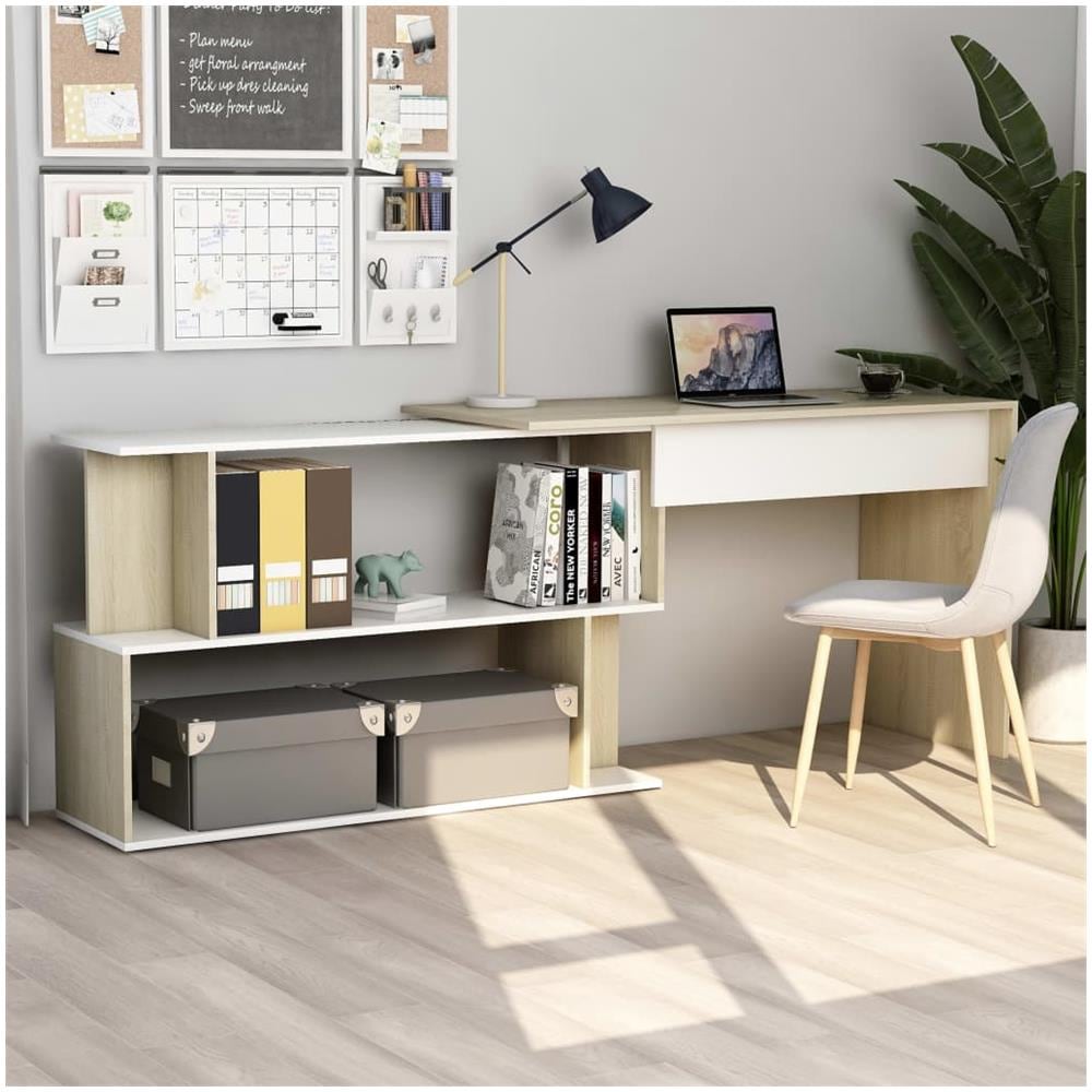 Scrivania ad Angolo Bianca Rovere Sonoma 200x50x76 Multistrato - Foto 1