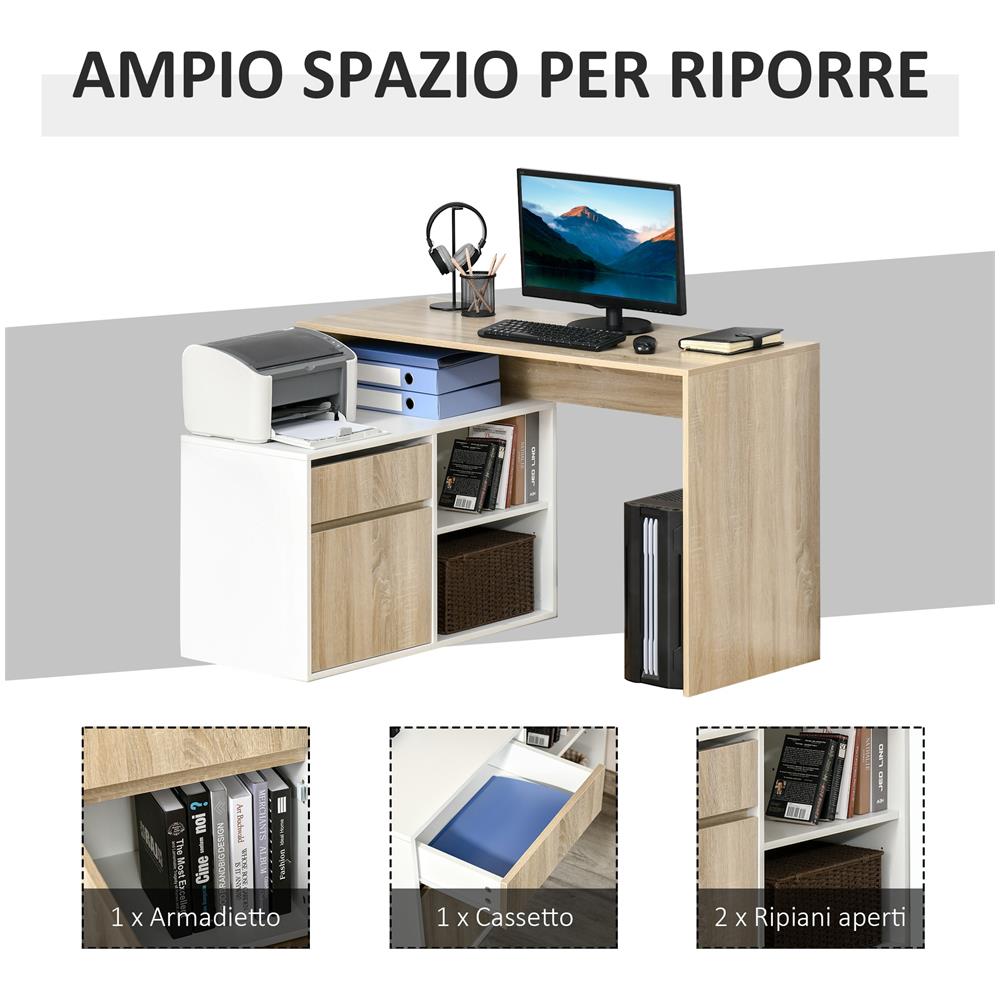 Scrivania Angolare, Scrivania Ad Angolo Per Computer Da Camera O Ufficio, Scrivania Salvaspazio In Legno, Rovere E Bianco - Foto 8