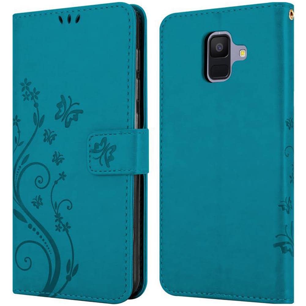 Custodia Compatibile Con Samsung Galaxy A6 2018 In Blu Fiore - Coperchio Protettivo In Design Floreale Con Chiusura Magnetica, Funzione Stand E Slot Per Carte - Foto 8