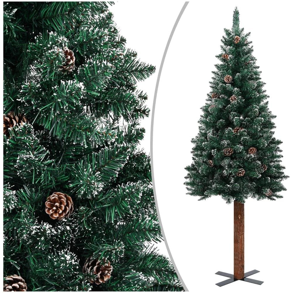 Albero di Natale Sottile con Legno Vero e Neve Verde 210 cm - Foto 1
