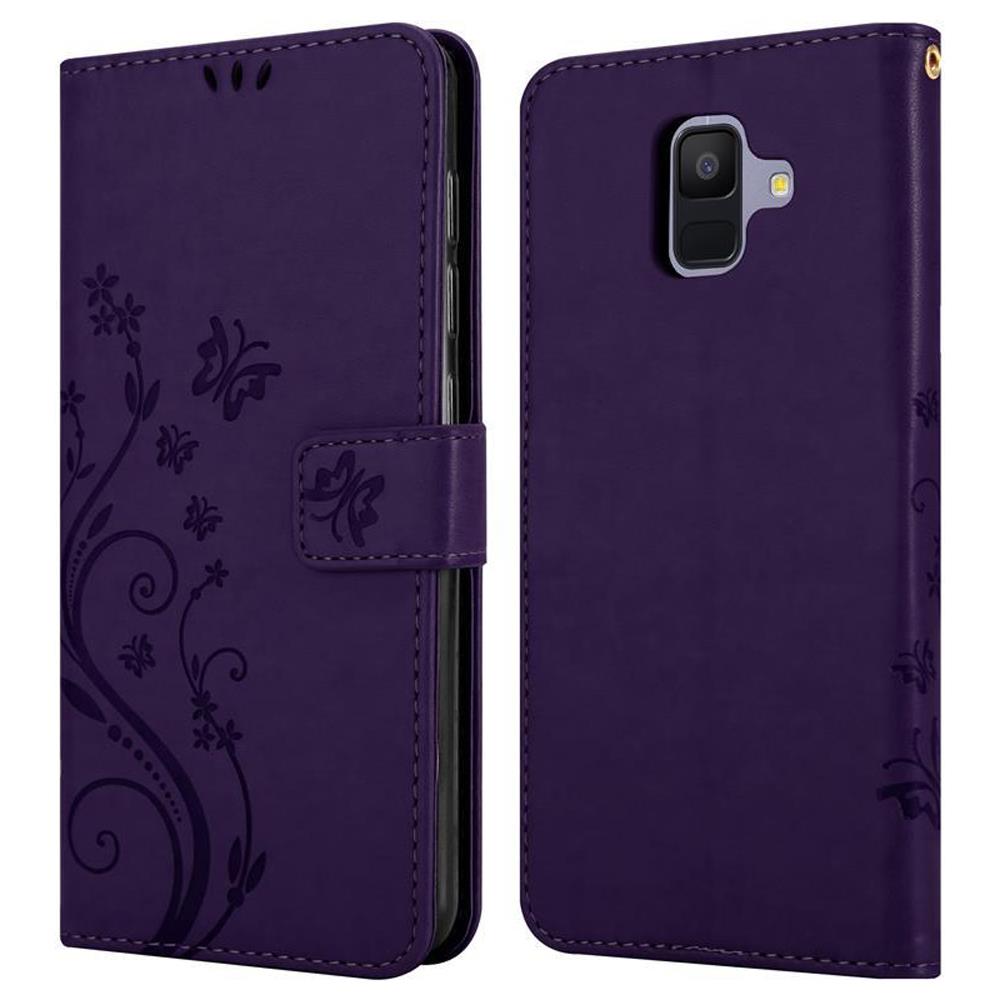 Custodia Compatibile Con Samsung Galaxy A6 2018 In Lilla Scuro Fiore - Coperchio Protettivo In Design Floreale Con Chiusura Magnetica, Funzione Stand E Slot Per Carte - Foto 8