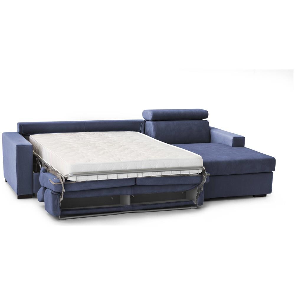 Divano Letto Alceste, Divano Ad Angolo, 100% Made In Italy, Sofà Con Apertura Girevole, Con Penisola Contenitore Destra, Con Braccioli Slim, Cm 260x95h85, Blu - Foto 4