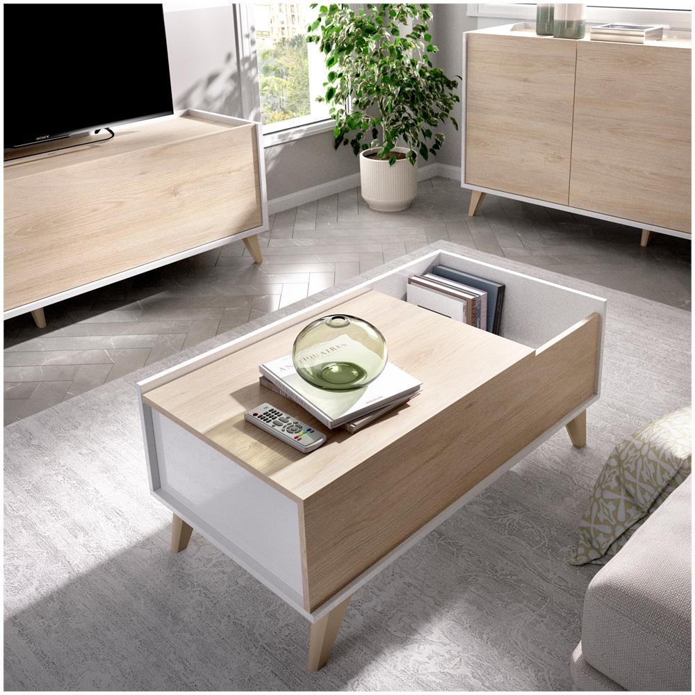 Tavolino Da Salotto Cuna, Porta Riviste Da Soggiorno Con Vano Portaoggetti, Tavolo Basso Da Caffè Elevabile, 99x60h41 Cm, Rovere E Bianco - Foto 1