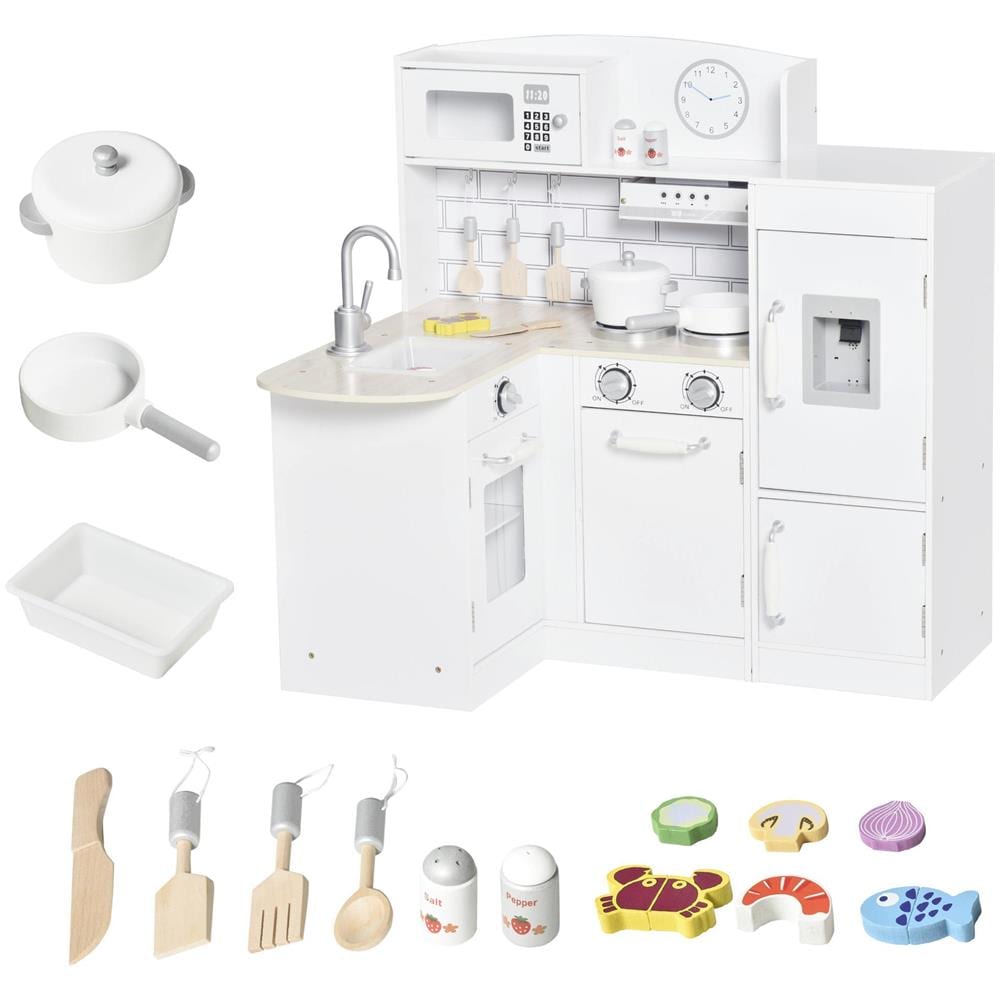 Cucina Giocattolo per Bambini in Legno con 14 Accessori, Forno, Lavandino, Frigo e Microonde, Et? 3+ Anni, 86x64x84.5cm, Bianco e Argento - Foto 1