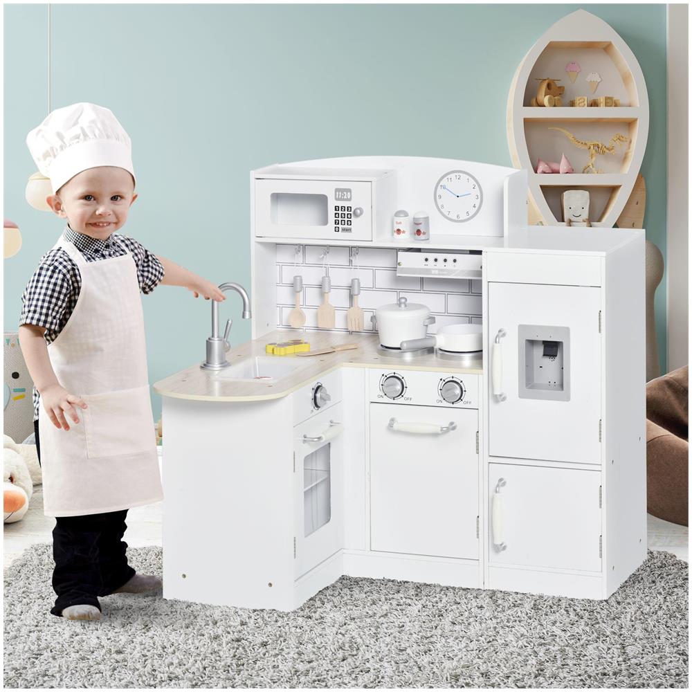 Cucina Giocattolo per Bambini in Legno con 14 Accessori, Forno, Lavandino, Frigo e Microonde, Et? 3+ Anni, 86x64x84.5cm, Bianco e Argento - Foto 2