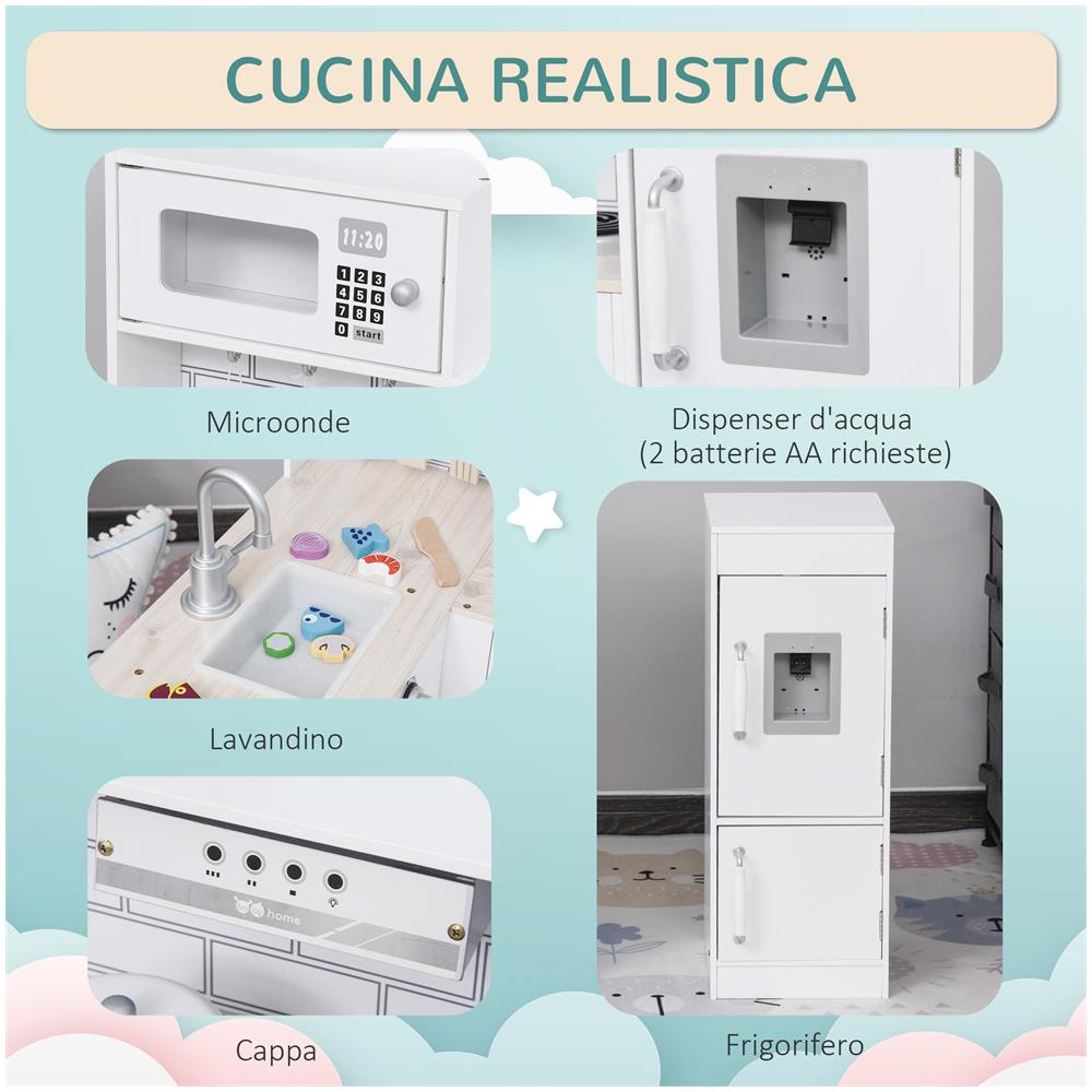 Cucina Giocattolo per Bambini in Legno con 14 Accessori, Forno, Lavandino, Frigo e Microonde, Et? 3+ Anni, 86x64x84.5cm, Bianco e Argento - Foto 6