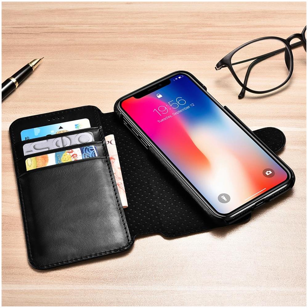 Cuoio Di Iphone Xr Curvo Bordo Deluxe Cassa Del Foglio Di Caso Vintage (6.1 "") Nero - Foto 2