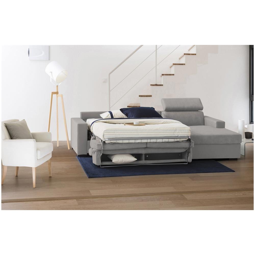 Divano Letto Alceste, Divano Ad Angolo, 100% Made In Italy, Sofà Con Apertura Girevole, Con Penisola Contenitore Destra, Con Braccioli Slim, Cm 260x95h85, Grigio - Foto 2