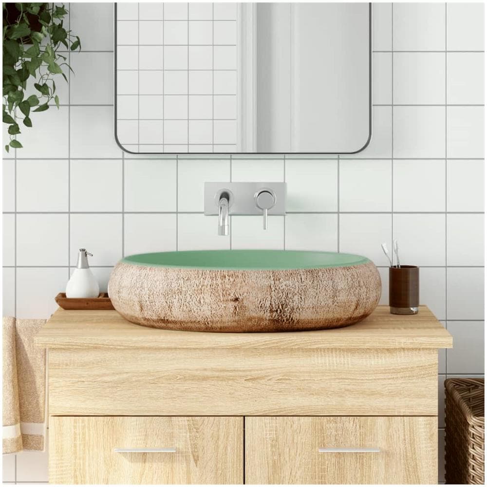 Lavabo Da Appoggio Verde E Marrone Ovale 59x40x15 Cm Ceramica - Foto 1