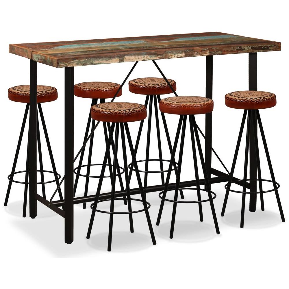 Set Da Bar 7 Pz In Legno Massello Di Recupero Vera Pelle E Tela - Foto 1