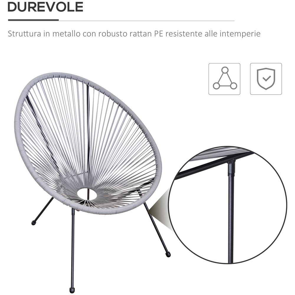 Set Di 2 Sedie Da Giardino Ovali In Rattan Pe E Metallo Resistente Alle Intemperie, Grigio Chiaro, 73x77x87cm - Foto 8