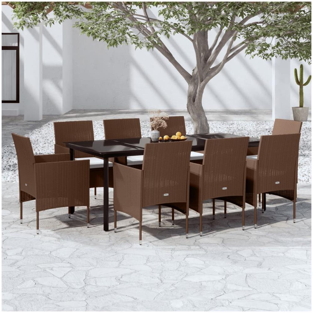 Set Da Pranzo Per Giardino 9 Pz Con Cuscini Marrone E Nero - Foto 1