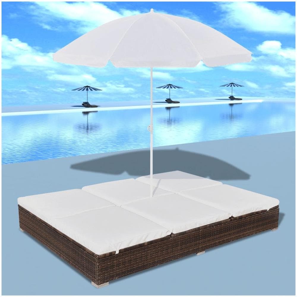 Lettino Prendisole Con Ombrellone In Polyrattan Marrone - Foto 1