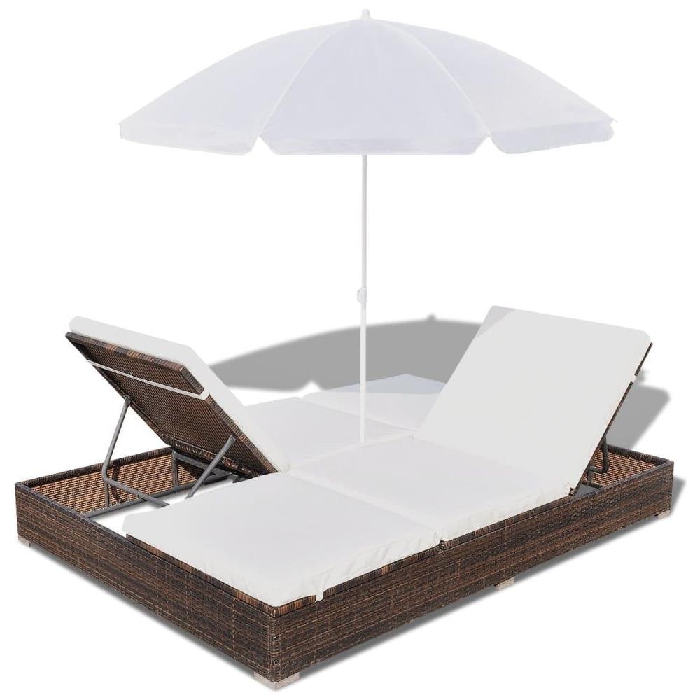 Lettino Prendisole Con Ombrellone In Polyrattan Marrone - Foto 7