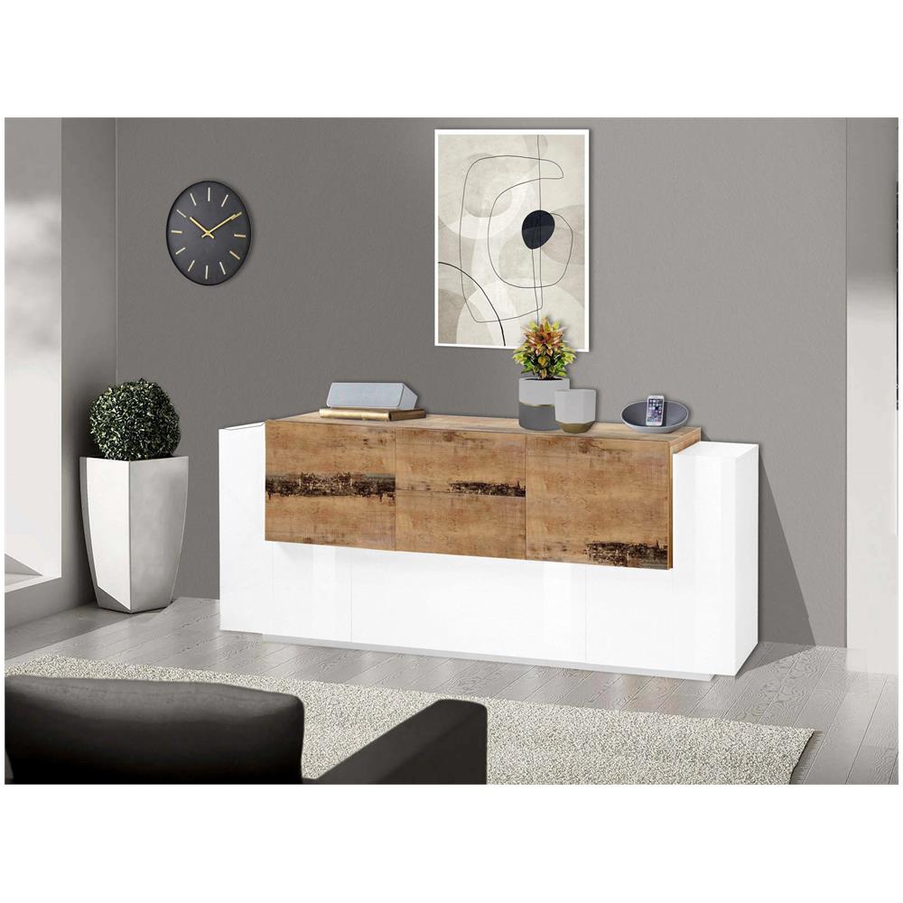 Credenza Cesare, Madia Da Cucina A 5 Ante E 2 Cassetti, Buffet Da Soggiorno, Madia Da Cucina, 100% Made In Italy, Cm 220x45h86, Bianco Lucido E Acero - Foto 1