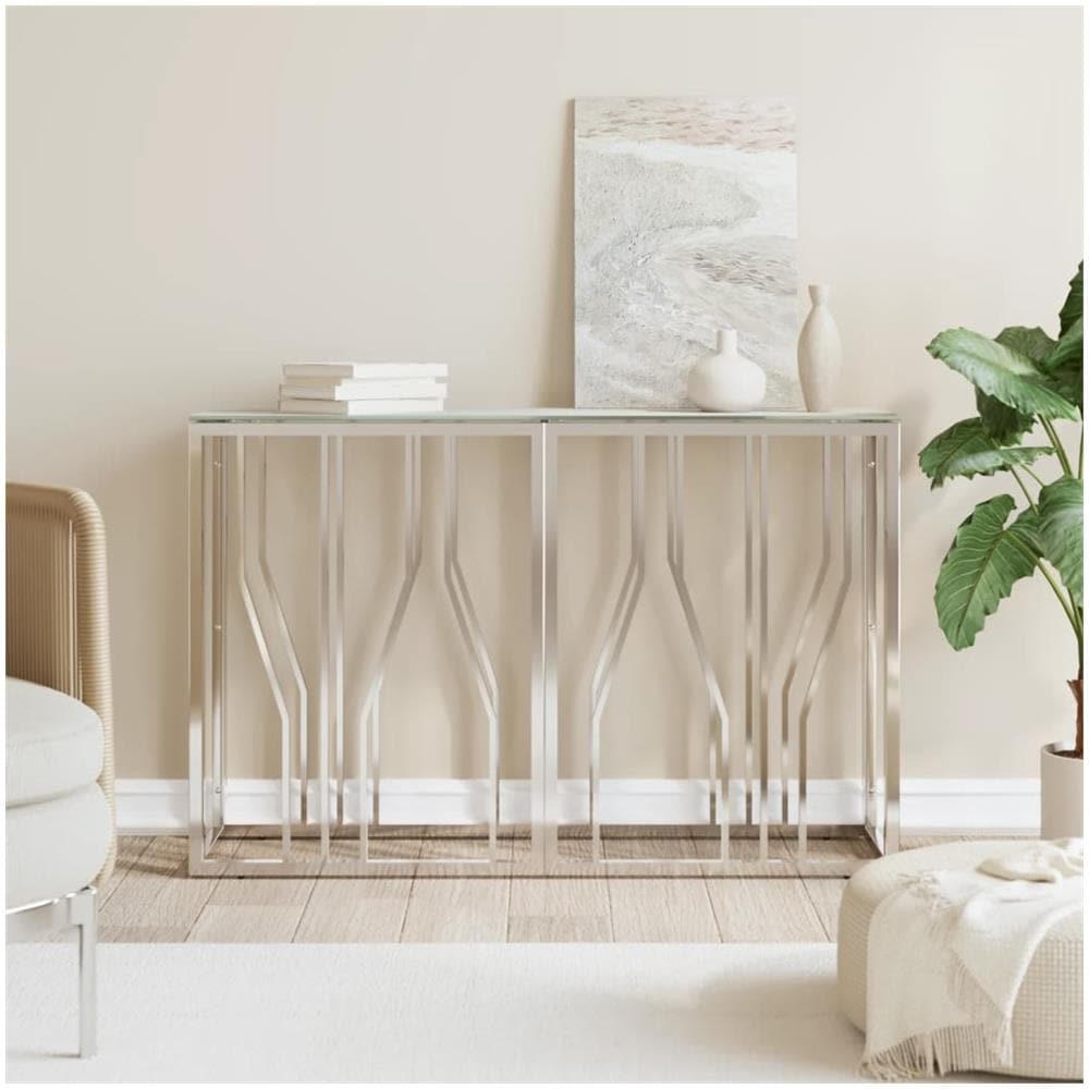 Tavolino Consolle Argento 110x30x70 Cm In Acciaio Inox E Vetro - Foto 1