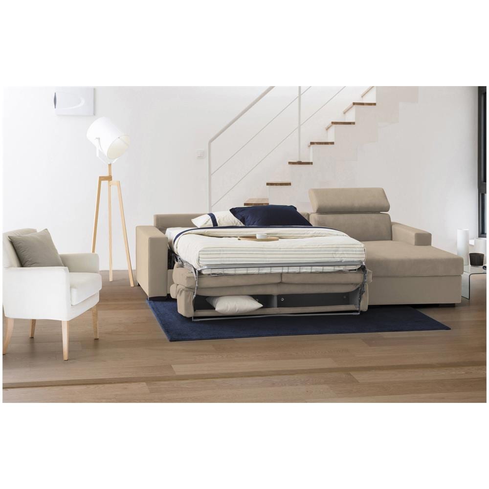 Divano Letto Aleandra, Divano Ad Angolo, 100% Made In Italy, Sofà Con Apertura Girevole, Con Penisola Contenitore Sinistra, Con Braccioli Slim, Cm 260x95h85, Beige - Foto 2