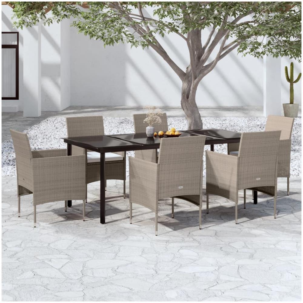 Set Da Pranzo Per Giardino 7 Pz Con Cuscini Beige E Nero - Foto 1