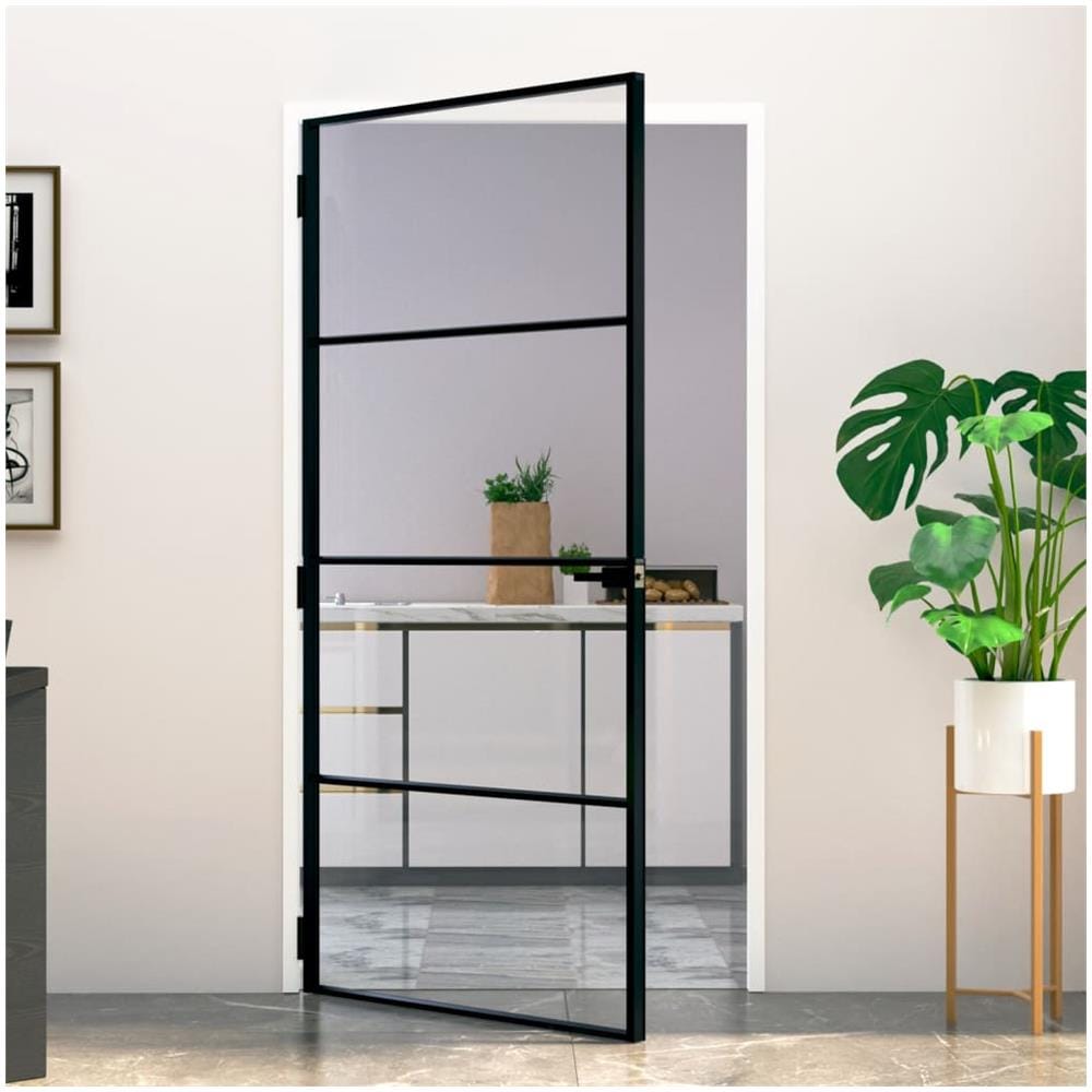 Porta Interna Nera 102x201,5 Vetro Temperato Alluminio Sottile - Foto 1
