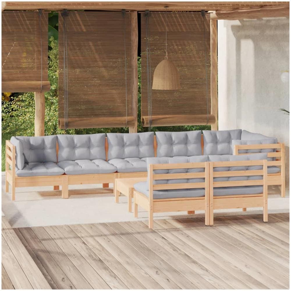 Set Divani Da Giardino 9 Pz Con Cuscini Grigi Massello Di Pino - Foto 1