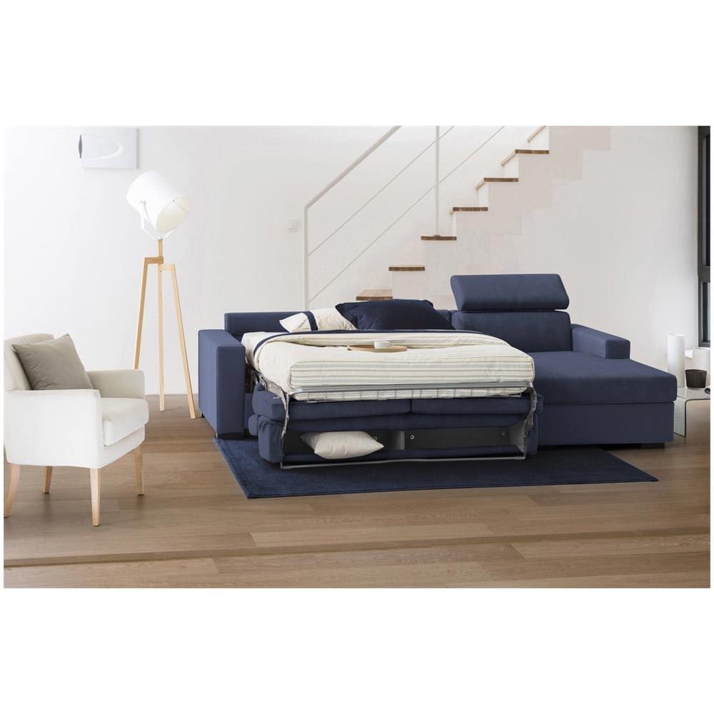 Divano Letto Aleandra, Divano Ad Angolo, 100% Made In Italy, Sofà Con Apertura Girevole, Con Penisola Contenitore Sinistra, Con Braccioli Slim, Cm 260x95h85, Blu - Foto 2