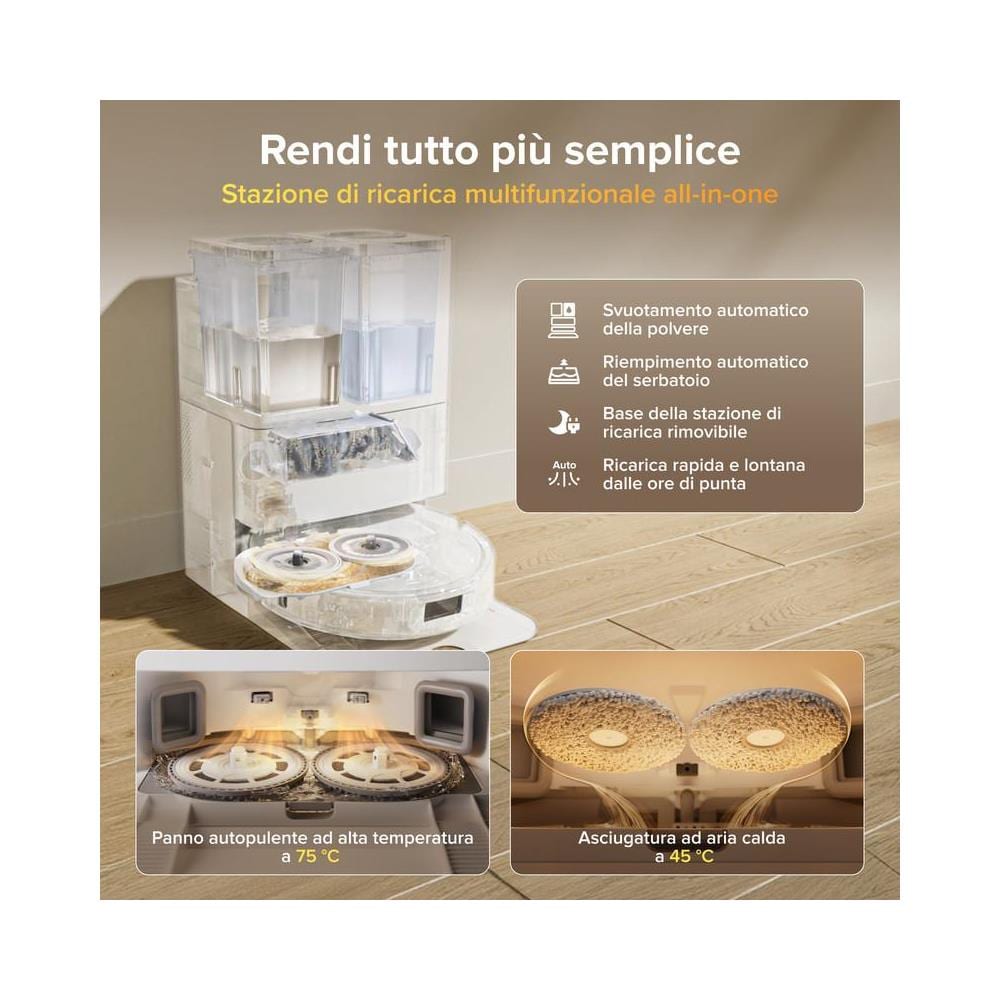 Qrevo S Pro Set Aspirapolvere Robot Lavapavimenti 18.500Pa, Autopulizia Panno 75°C, Asciugatura Aria Calda 45°C, Antigroviglio, Stazione Tutto in Uno, Modalità Tappeti, Bianco - Foto 2