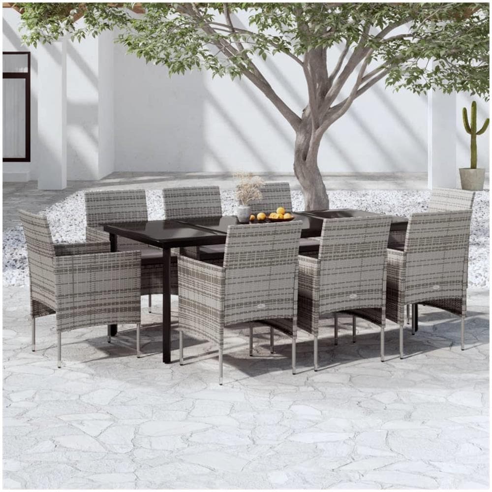 Set Da Pranzo Per Giardino 9 Pz Con Cuscini Grigio E Nero - Foto 1