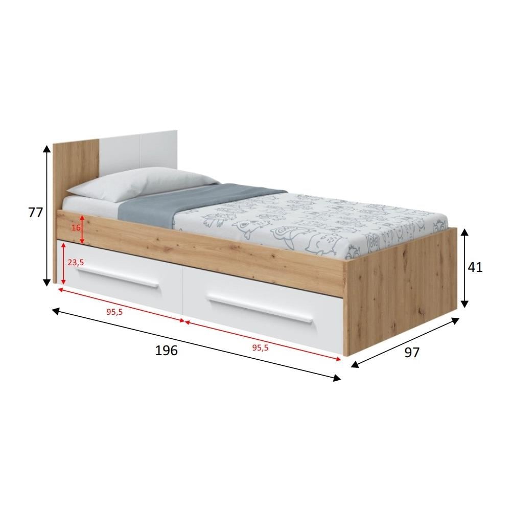 Letto Singolo Anaheim, Letto Singolo Contenitore Con Testiera, Struttura Letto A 2 Cassetti Per Camera Da Letto, 196x97h77 Cm, Rovere Nodi E Bianco - Foto 4