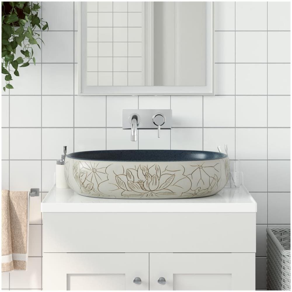 Lavabo Da Appoggio Sabbia E Blu Ovale 59x40x14 Cm Ceramica - Foto 1