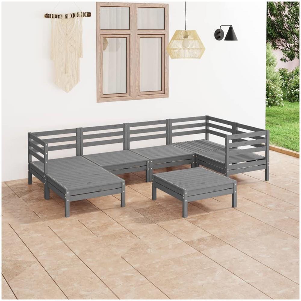 Set Divani Da Giardino 7 Pz In Legno Massello Di Pino Grigio - Foto 1