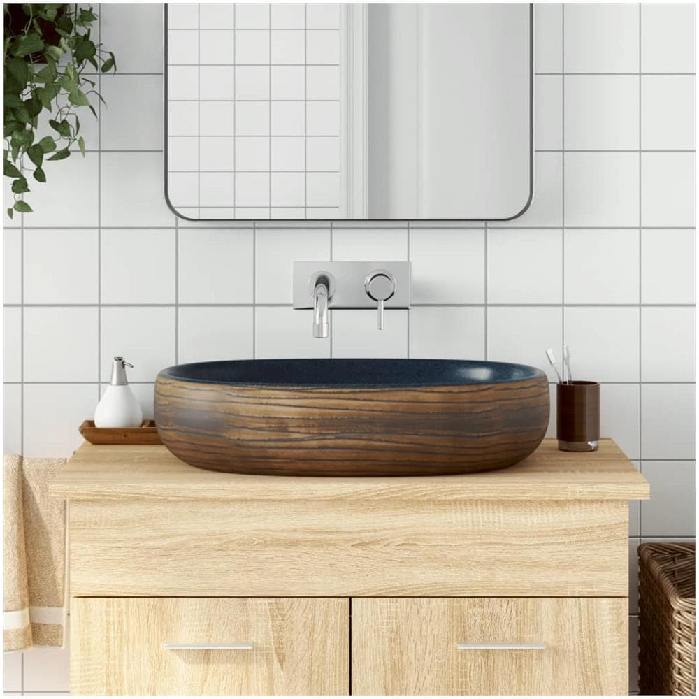 Lavabo Da Appoggio Marrone E Blu Ovale 59x40x14 Cm Ceramica - Foto 1