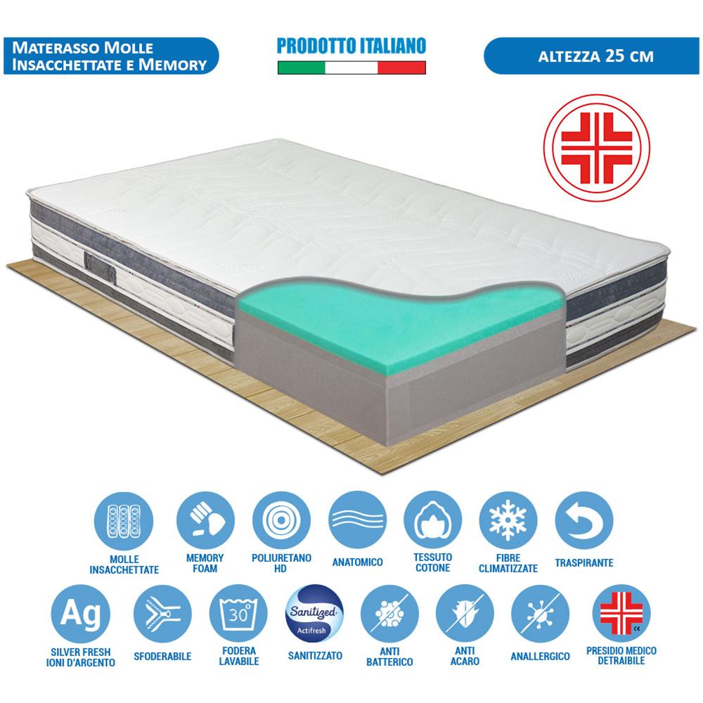 Materasso A Molle Insacchettate E Memory Piazza E Mezza 120x190 Tenerife Sfoderabile Alto 25cm A 7 Zone Con Fodera Silver Fresh Agli Ioni D'argento - Foto 1